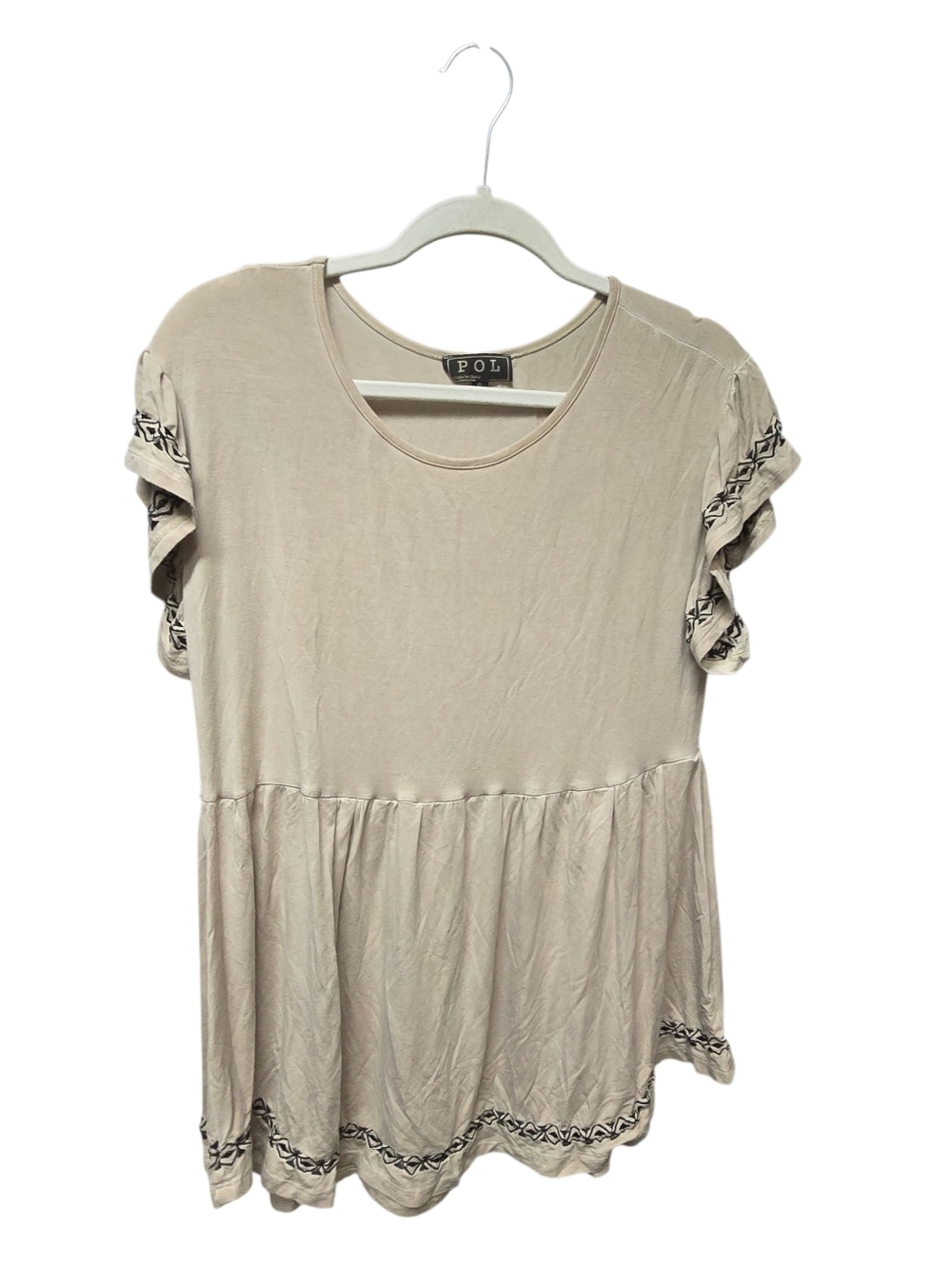 POL Cream Short-Sleeve Peplum Tunic with Embroidered Trim Sz. S